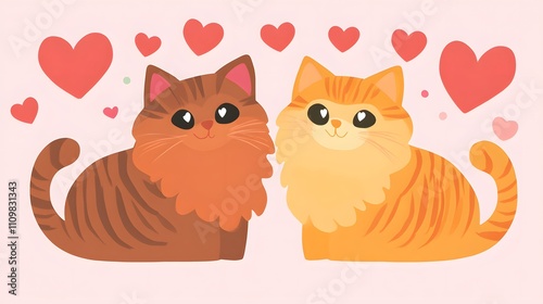 Two Adorable Cats Surrounded By Hearts Showing Affection