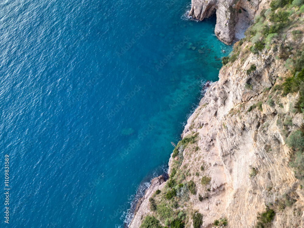 Blue sea and green coast top view, background wallpaper - aerial photo drone Blue sea and green coast top view, background wallpaper - aerial photo drone