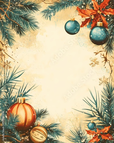 Art Deco Style Christmas and New Year's Card with Elegant Pine Branches, Blue and Orange Baubles, Holly Leaves, Snowflakes, and Vintage Holiday Background in Warm Beige and Festive Colors
