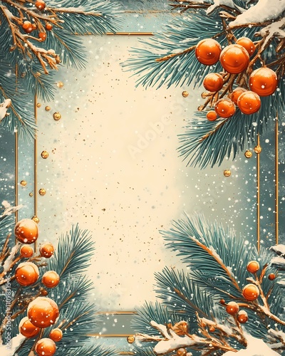 Art Deco Style New Year's and Christmas Card with Snowy Pine Branches, Orange Baubles, Gold Accents, Frosty Details, and a Subtle Blue and Beige Background for Elegant Holiday Greetings