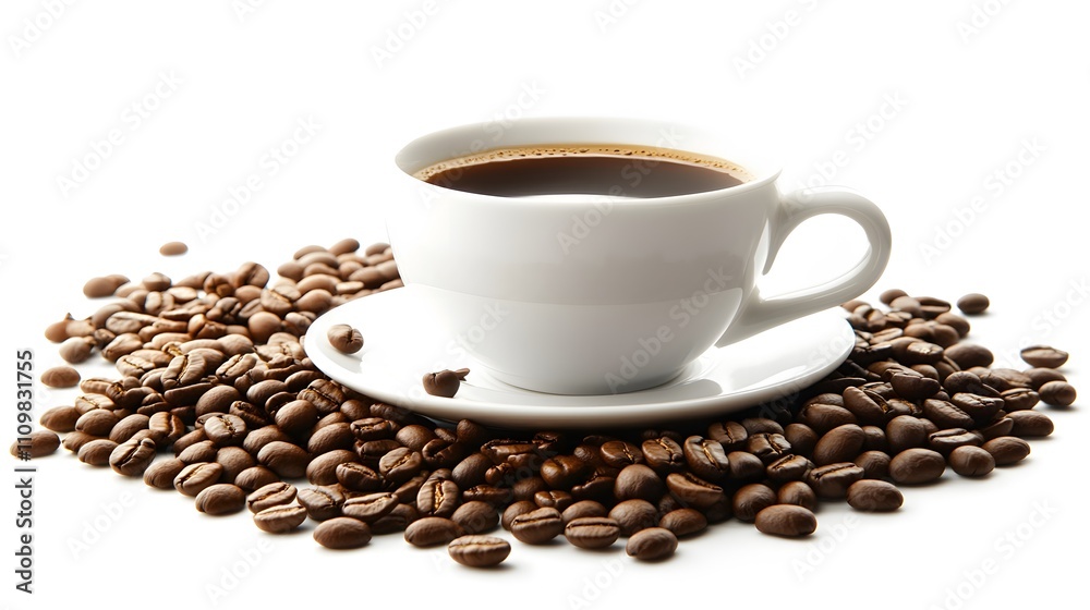 White Coffee Cup Resting On Roasted Coffee Beans White Coffee Cup Resting On Roasted Coffee Beans