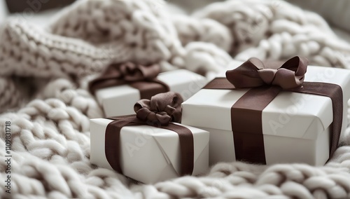 White Gifts Wrapped In Brown Ribbons On A Cozy Blanket