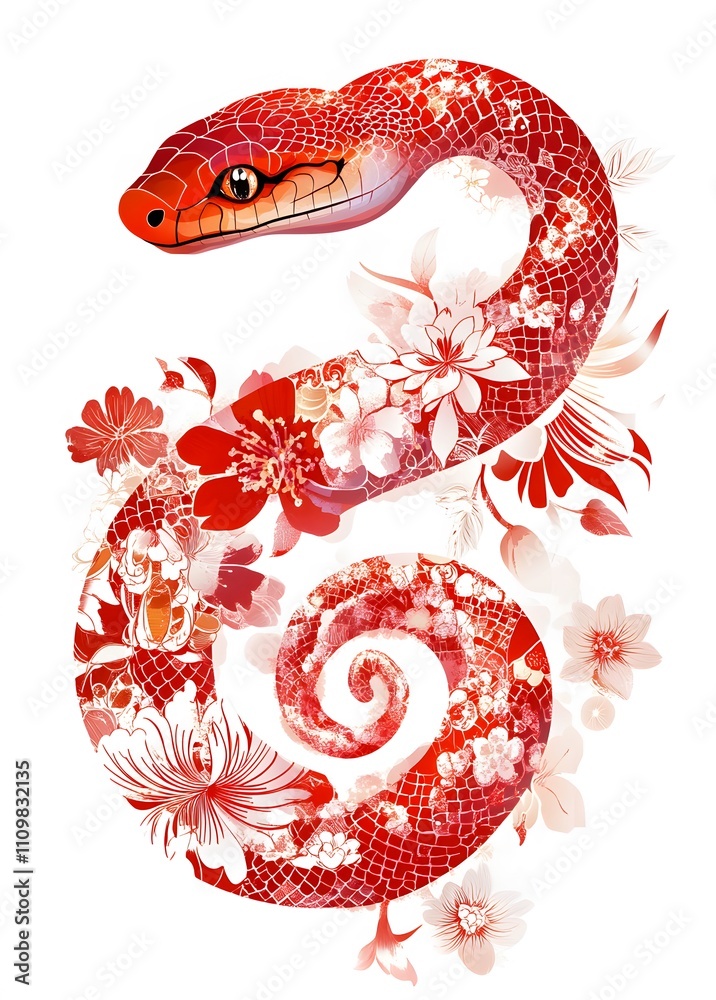 Obraz premium Red Snake Adorned With Delicate Floral Designs