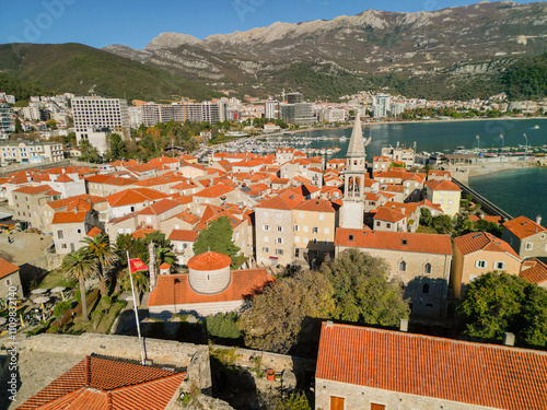  Ancient sea town in blue water - aerial drone shot photo