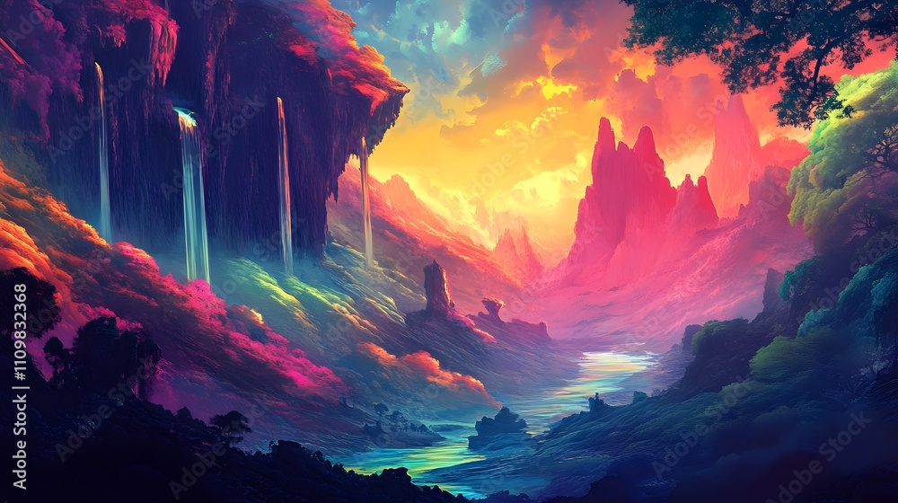 Obraz premium Vibrant Fantasy Landscape With Waterfalls And Mountains