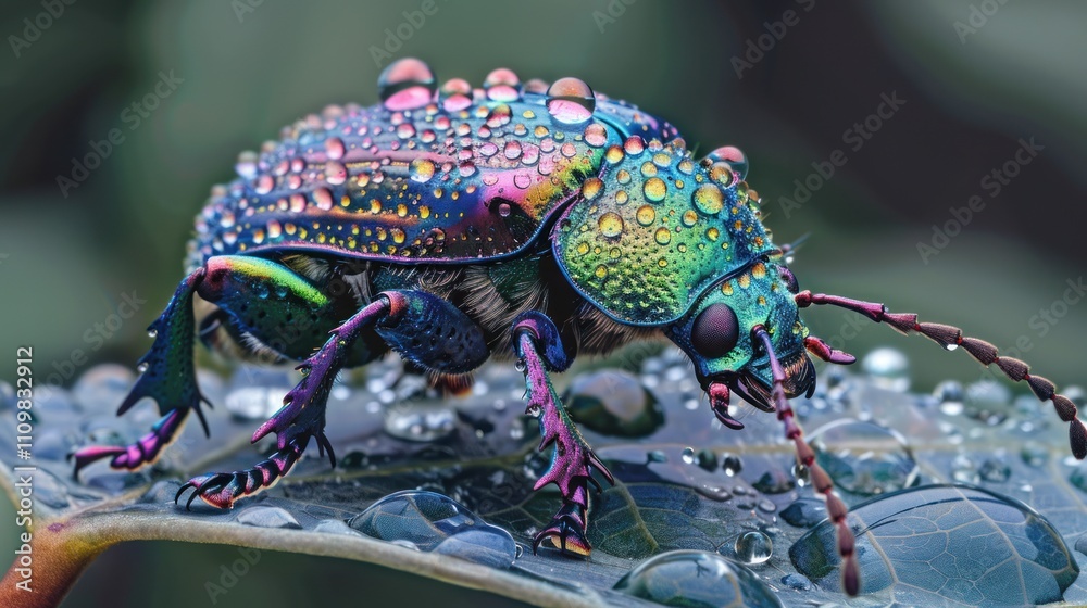 Iridescent beetle covered in dew drops on a leaf. (2) Iridescent beetle covered in dew drops on a leaf. (2)