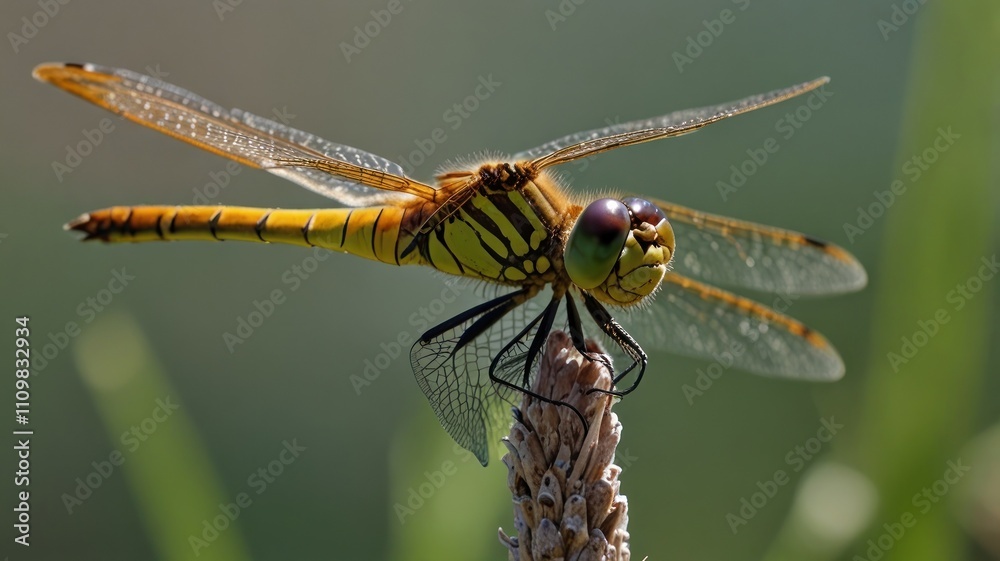 Yellow dragonfly perched on plant stem. Yellow dragonfly perched on plant stem.