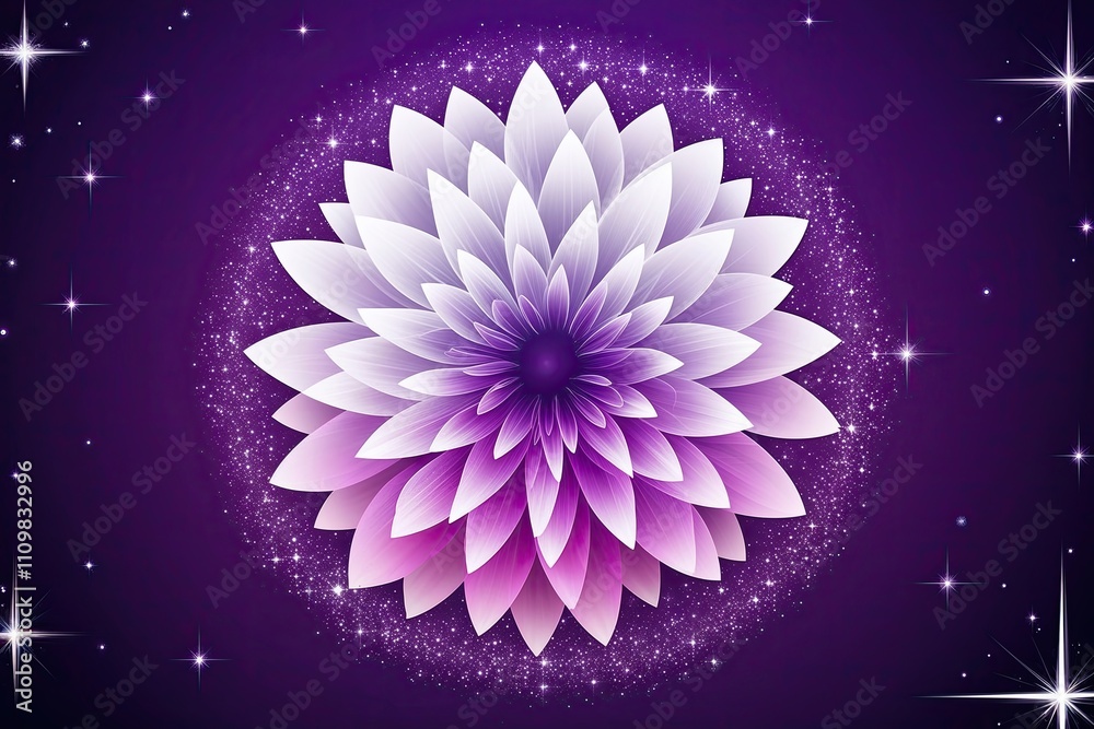 Obraz premium Glittering White Hues Gradient Bloom on Deep Purple Background with Twinkling Stars and Shadow Texture
