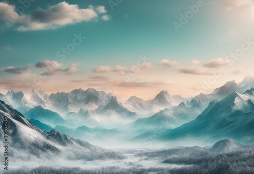 Wallpaper mural illustration with turquoise and gray mountains on a light background Snow and sunset