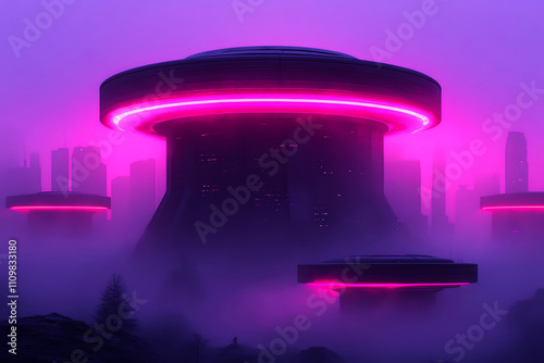 Futuristic cityscape with glowing UFOs in misty atmosphere, creating mysterious and vibrant scene photo