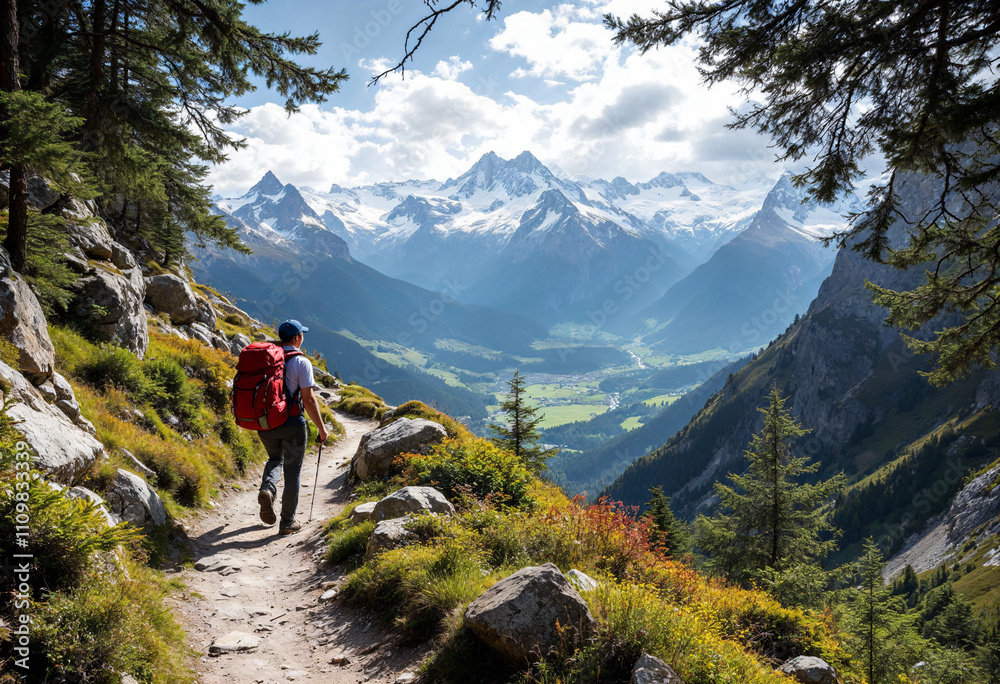 Hiker exploring mountain trail in the Swiss Alps surrounded by stunning peaks and lush greenery during a sunny day Hiker exploring mountain trail in the Swiss Alps surrounded by stunning peaks and lush greenery during a sunny day