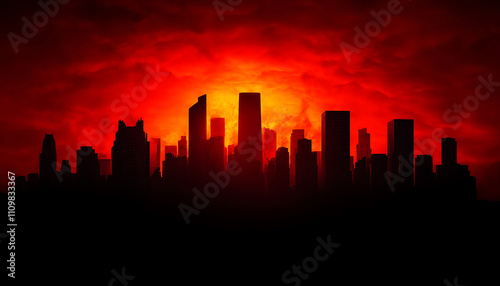 Dystopian skyline with dark silhouettes of buildings against fiery red sky, evoking sense of foreboding and chaos