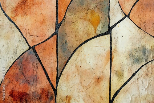 Delicate patterns of cracked earth showcase a vibrant blend of deep browns and fiery oranges, accentuated by subtle beige and white highlights. Soft shadows dance within the cracks