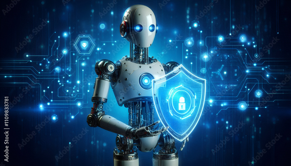 Robot holding a glowing shield against a bright blue background, symbolizing digital security and technology innovation, with ample copy space Robot holding a glowing shield against a bright blue background, symbolizing digital security and technology innovation, with ample copy space