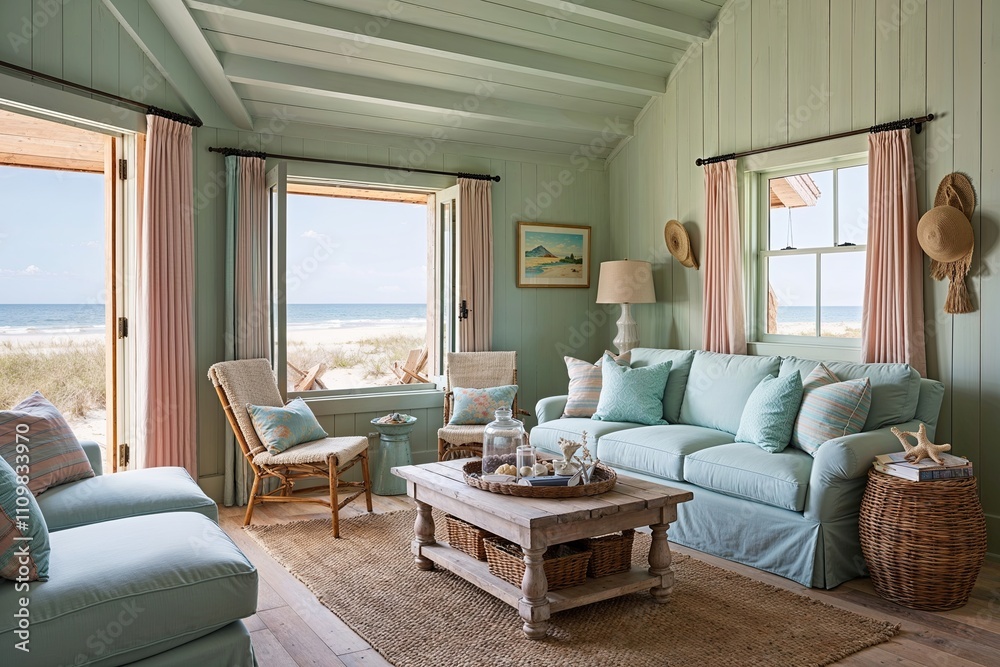 Fototapeta premium Rustic Beach Cabin Interior with Subtle Pastel Hues and 3D Vision