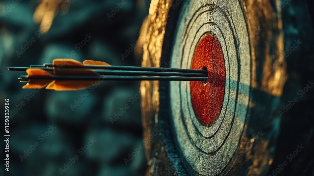 Archery target with arrows, close-up of bullseye Archery target with arrows, close-up of bullseye