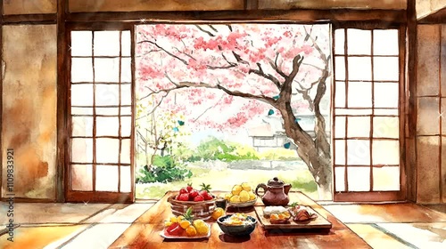 Serene Springtime Japanese Tea Ceremony with Cherry Blossom View