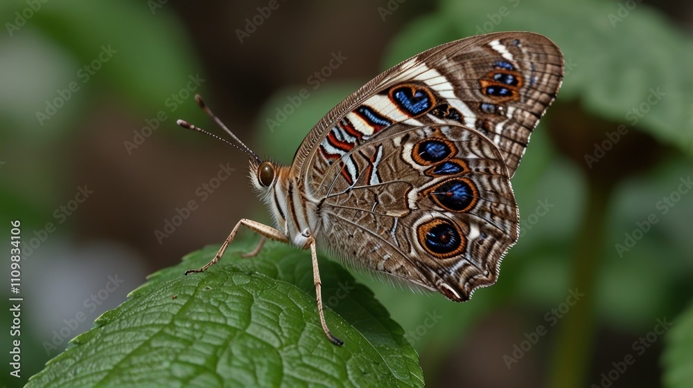 Fototapeta premium Close-up of a butterfly with brown, blue, and white markings perched on a green leaf.