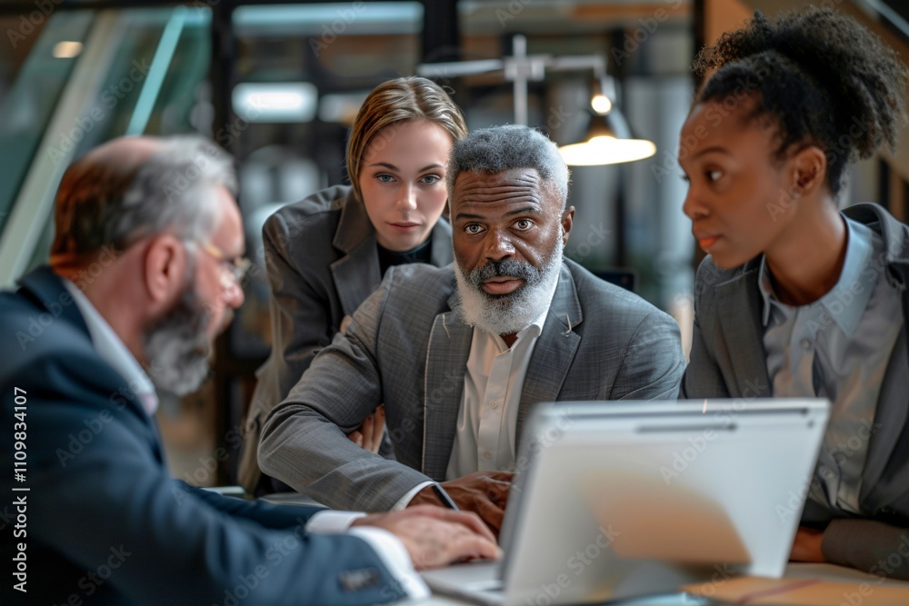 Diverse businesspeople talking during a meeting around an office Diverse businesspeople talking during a meeting around an office