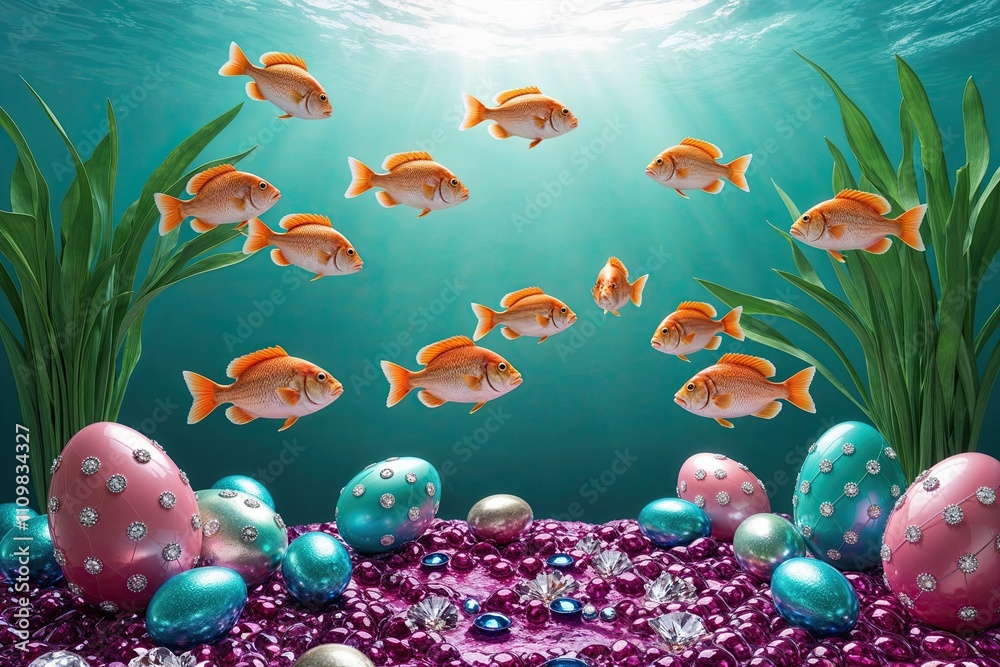 Fototapeta premium 3D Mint Backdrop with Energetic Easter Fish on Jeweled Aquatic Ground for Unique Product Presentation