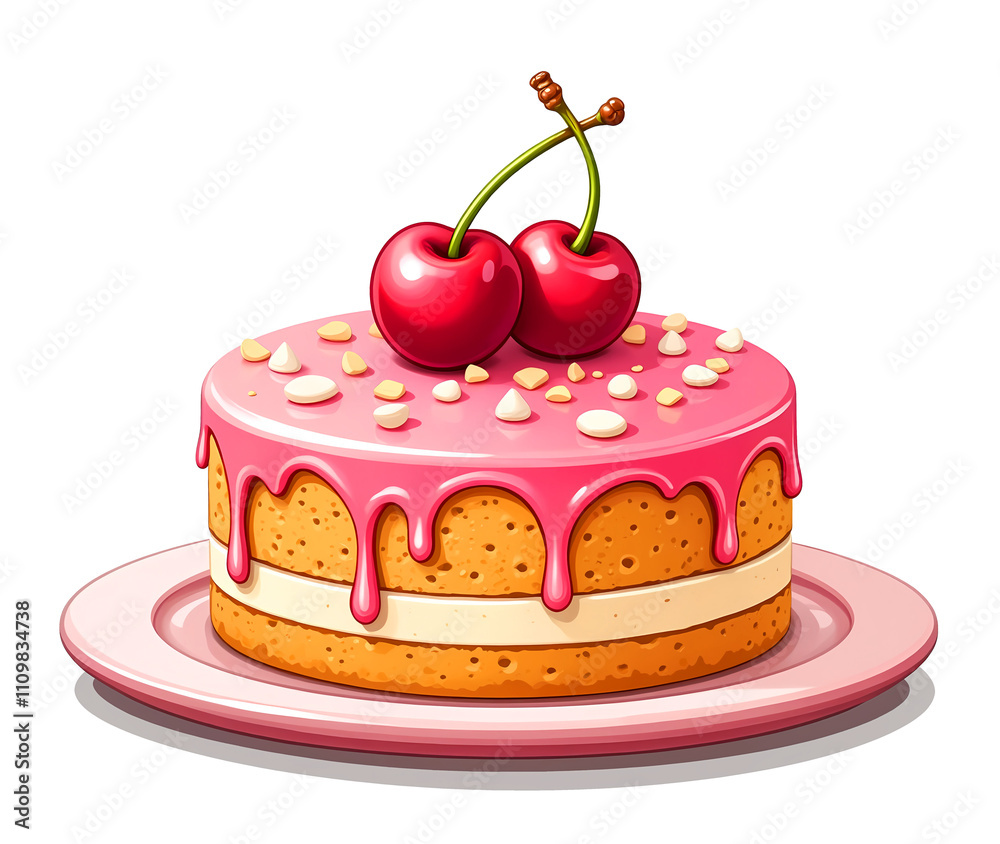 Illustration of a delicious sponge cherry cake, topped with pink sauce dripping down the sides, candy sprinkles and two glossy cherries, served on a pink plate, isolated on transparent background. Illustration of a delicious sponge cherry cake, topped with pink sauce dripping down the sides, candy sprinkles and two glossy cherries, served on a pink plate, isolated on transparent background.