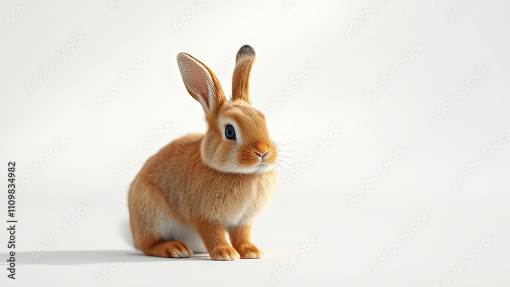Obraz premium Brown bunny sitting alone in a plain white space with blurred surroundings, isolation, solitary, animal, white space, wildlife