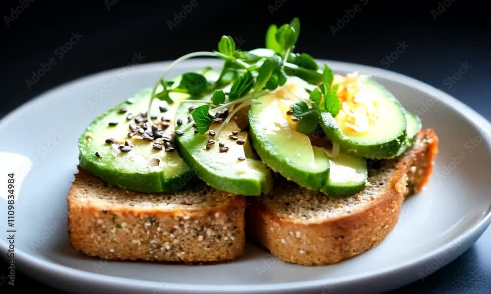 Avocado Toast: Fresh Slices on Toasted Bread with Sprouts and Seeds on a White Plate Avocado Toast: Fresh Slices on Toasted Bread with Sprouts and Seeds on a White Plate