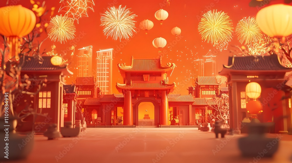 Fototapeta premium Festive Chinese New Year Cityscape with Fireworks and Lanterns