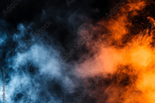 Dangerous strong flames of red-orange fire, motion clouds of black smoke covered sky. Defocus, motion blur, haze from strong fire and high temperature from flames. Atmospheric and smoke dispersion