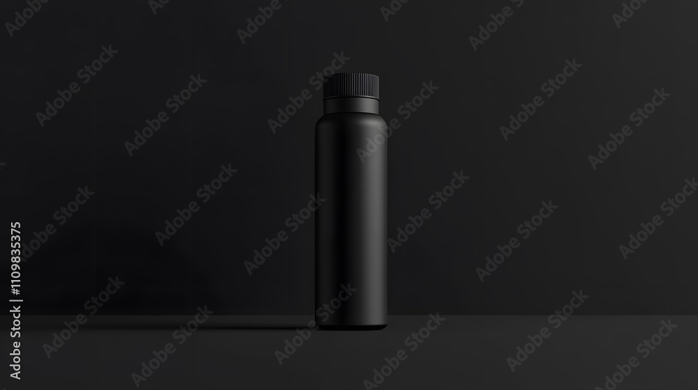 A single black bottle stands against a black background A single black bottle stands against a black background