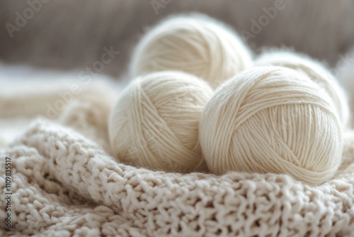 White wool yarn balls resting on knitted blanket: cozy crafts and handmade creations photo