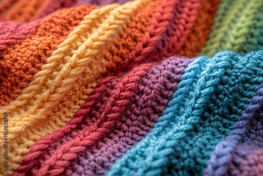 Close-up of rainbow crochet filet showing colorful knitted texture