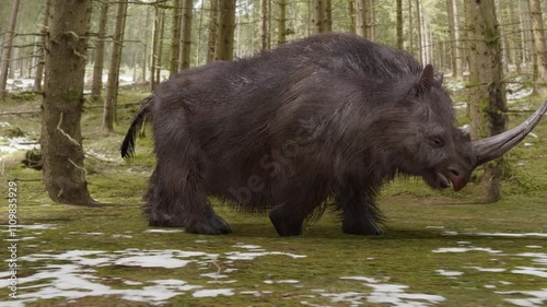 A 3D animation the extinct giant Woolly Rhino of the Ice Age walking through a snowy forest.