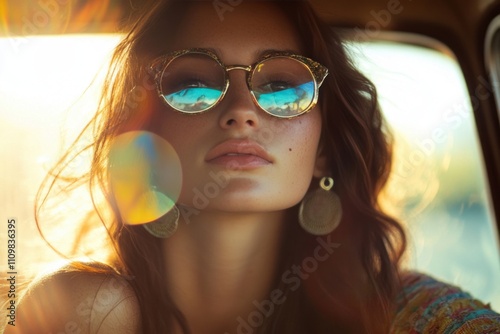 Young hippie woman wearing sunglasses enjoying golden hour sunlight