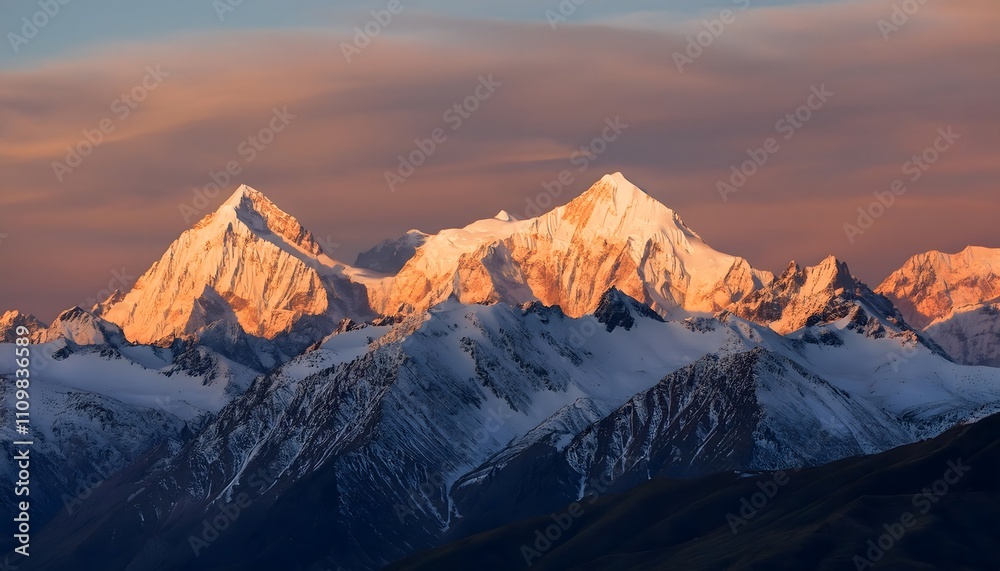Fototapeta premium Cadenas montañosas cubiertas de nieve al amanecer