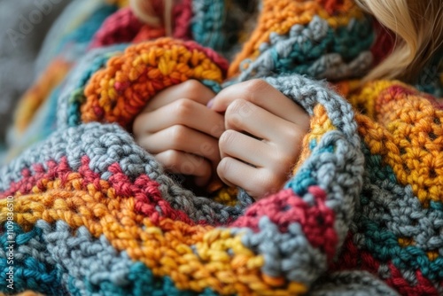 Woman holding colorful handmade crochet knitwear in autumn season