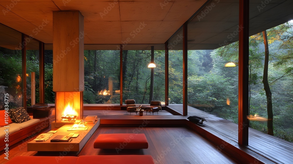 Fototapeta premium Modern forest home with fireplace and large windows