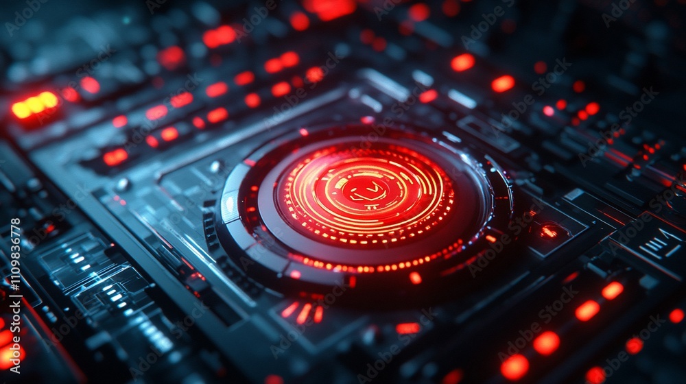 Futuristic red digital interface. Close-up view of glowing circuit board with central control panel. Futuristic red digital interface. Close-up view of glowing circuit board with central control panel.