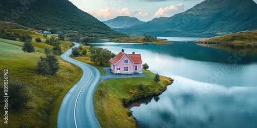 smooth curved roadside and lake with clear water and luxury pink and white farmhouse near the green mountain 