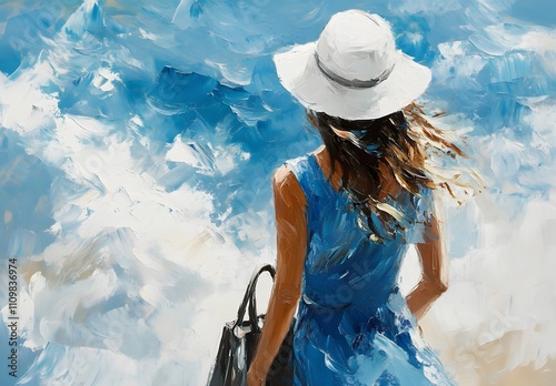 Woman in Blue Dress Facing Ocean Waves