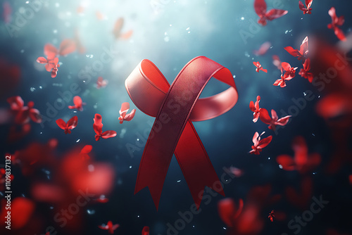 A red awareness ribbon surrounded by floating red butterflies, symbolizing hope and support.