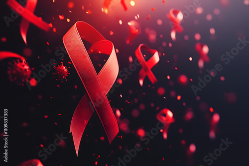 Red awareness ribbons and virus particles symbolize the fight against HIV/AIDS.