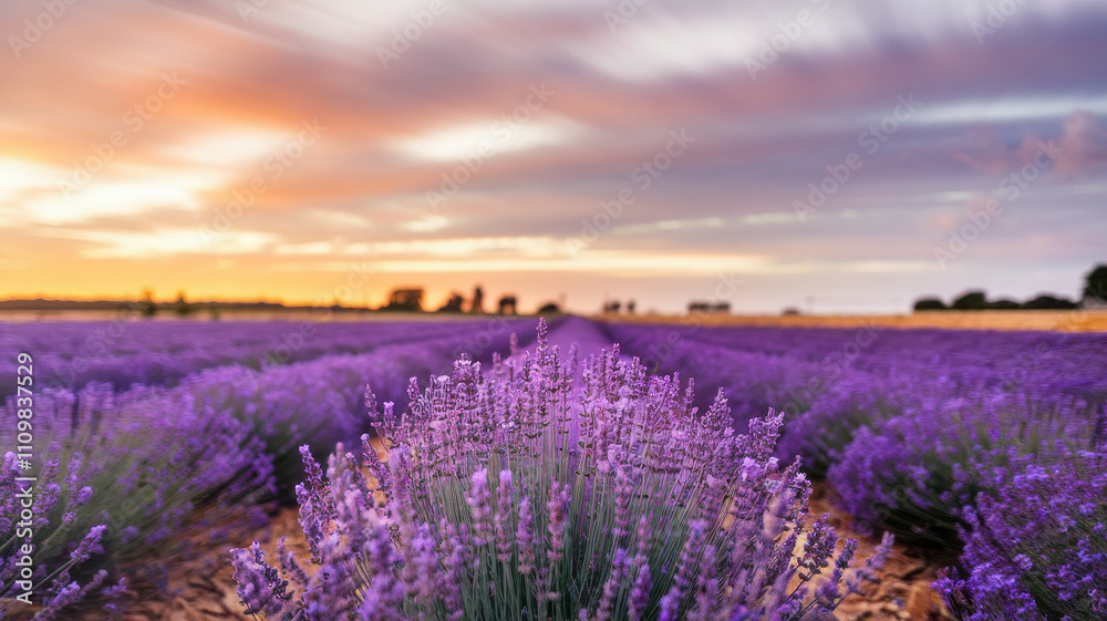 Obraz premium A stunning sunset over a vibrant lavender field, showcasing rows of purple blossoms in full bloom, creating a serene and picturesque atmosphere.