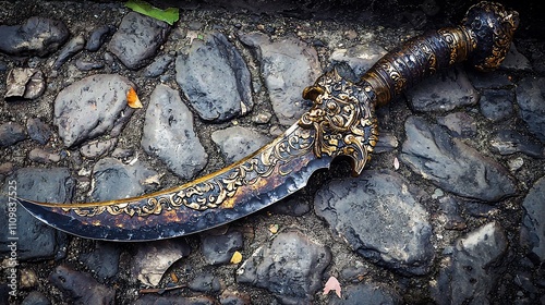 Ornate Dagger on Cobblestone. photo