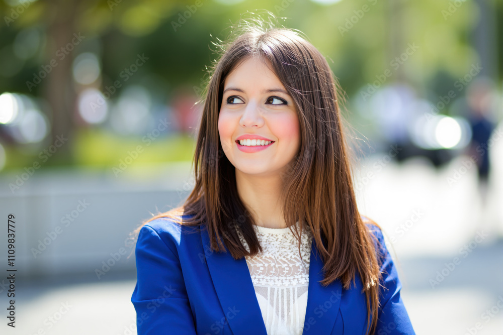 Young businesswoman smiling and looking away outdoors Young businesswoman smiling and looking away outdoors