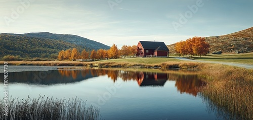 smooth curved roadside and lake with clear water and luxury dark red and gold farmhouse near the green mountain 