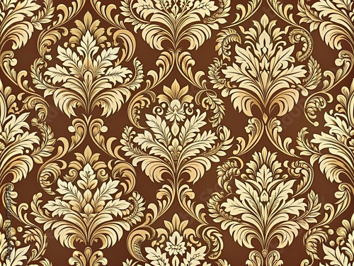 This design features luxurious damask patterns with detailed floral motifs in shades of beige on a rich brown background perfect for elegant decor