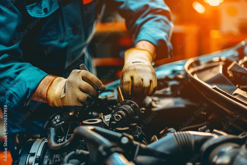 A Closeup of Mechanic Working on Car Engine in Auto Repair Shop. A Closeup of Mechanic Working on Car Engine in Auto Repair Shop.