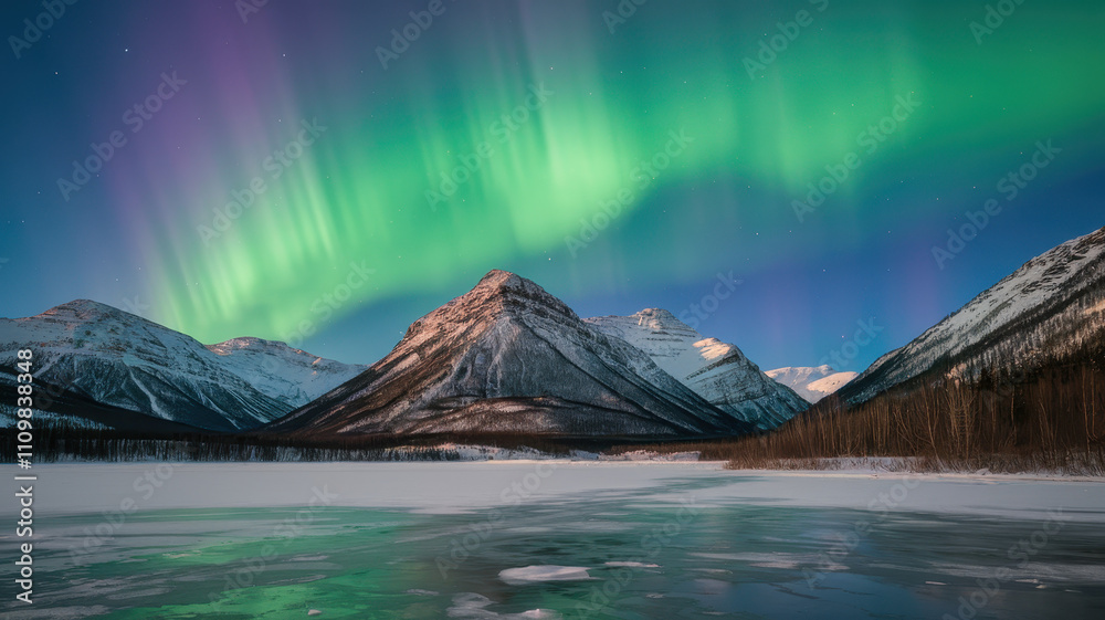 Obraz premium Stunning northern lights display over snow-covered mountains, casting vibrant green and purple hues against a serene, reflective frozen lake.
