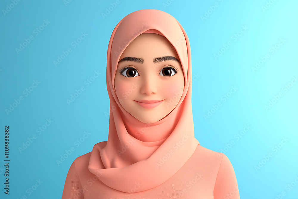 A digital illustration of a smiling woman wearing a hijab against a blue background. A digital illustration of a smiling woman wearing a hijab against a blue background.